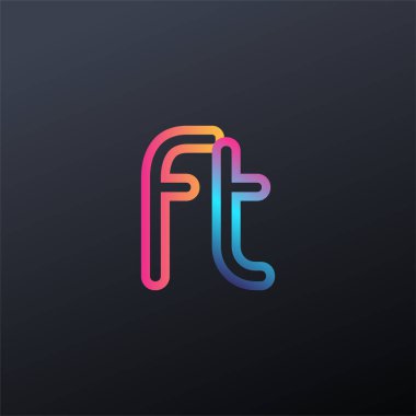 İlk logo FT küçük harf, renkli mavi, turuncu ve pembe, bağlı yuvarlak logo, modern ve basit logo tasarımı.