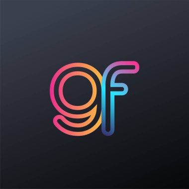 İlk logo GF küçük harf, renkli mavi, turuncu ve pembe, bağlı yuvarlak logo, modern ve basit logo tasarımı.