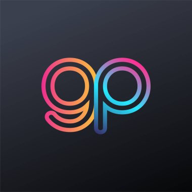 İlk logo GP küçük harf, renkli mavi, turuncu ve pembe, bağlı yuvarlak logo, modern ve basit logo tasarımı.