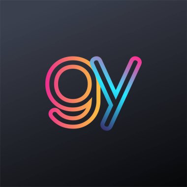 İlk logo GY küçük harf, renkli mavi, turuncu ve pembe, bağlı yuvarlak logo, modern ve basit logo tasarımı.