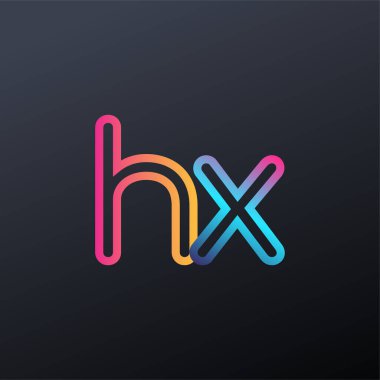İlk logo HX küçük harf, renkli mavi, turuncu ve pembe, bağlı yuvarlak logo, modern ve basit logo tasarımı.