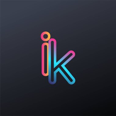 İlk logo IK küçük harf, renkli mavi, turuncu ve pembe, bağlı yuvarlak logo, modern ve basit logo tasarımı.
