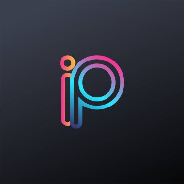 İlk logo IP küçük harf, renkli mavi, turuncu ve pembe, birbirine bağlı yuvarlak logo, modern ve basit logo tasarımı.