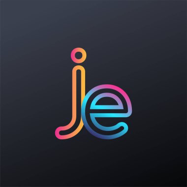 İlk logo JE küçük harf, renkli mavi, turuncu ve pembe, birbirine bağlı yuvarlak logo, modern ve basit logo tasarımı.