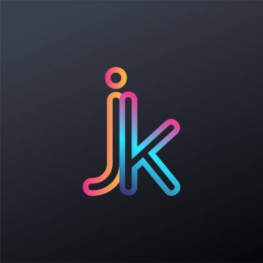 İlk logo JK küçük harf, renkli mavi, turuncu ve pembe, bağlı yuvarlak logo, modern ve basit logo tasarımı.