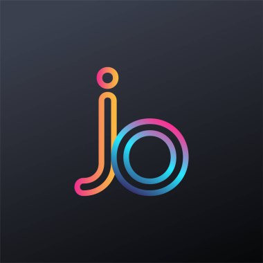 İlk logo JO küçük harf, renkli mavi, turuncu ve pembe, bağlı yuvarlak logo, modern ve basit logo tasarımı.