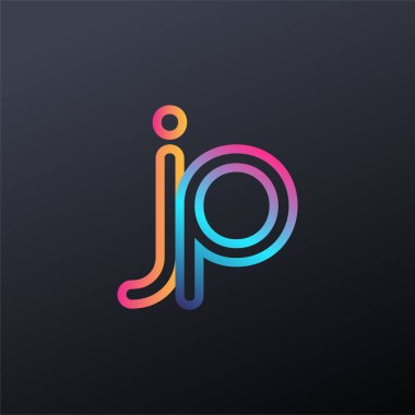 İlk logo JP küçük harf, renkli mavi, turuncu ve pembe, birbirine bağlı yuvarlak logo, modern ve basit logo tasarımı.
