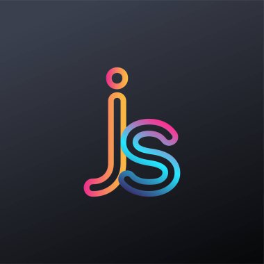 İlk logo JS küçük harf, renkli mavi, turuncu ve pembe, bağlı yuvarlak logo, modern ve basit logo tasarımı.