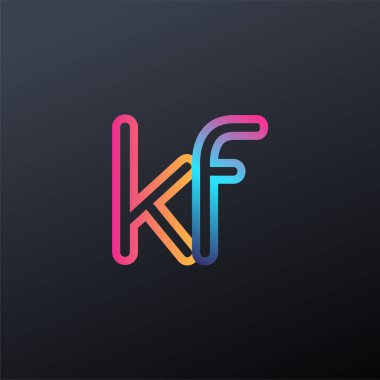 İlk logo KF küçük harf, renkli mavi, turuncu ve pembe, bağlı yuvarlak logo, modern ve basit logo tasarımı.