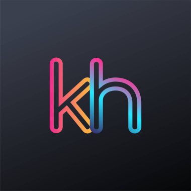 İlk logo KH küçük harf, renkli mavi, turuncu ve pembe, bağlı yuvarlak logo, modern ve basit logo tasarımı.