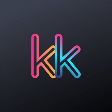 İlk logo KK küçük harf, renkli mavi, turuncu ve pembe, bağlı yuvarlak logo, modern ve basit logo tasarımı.