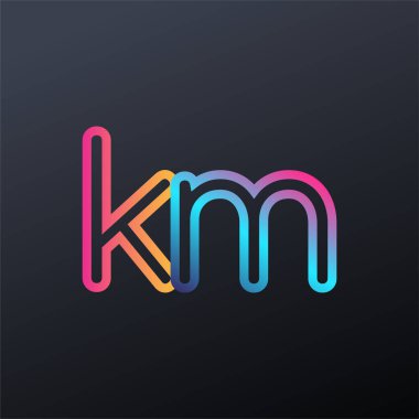 İlk logo KM küçük harf, renkli mavi, turuncu ve pembe, bağlı yuvarlak logo, modern ve basit logo tasarımı.
