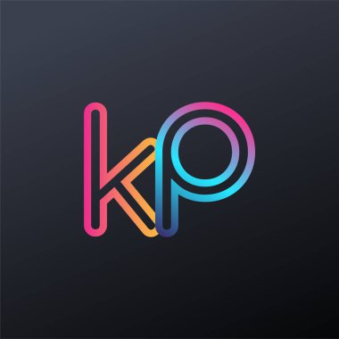 İlk logo KP küçük harf, renkli mavi, turuncu ve pembe, bağlı yuvarlak logo, modern ve basit logo tasarımı.