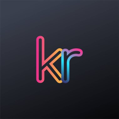 İlk logo KR küçük harf, renkli mavi, turuncu ve pembe, bağlı yuvarlak logo, modern ve basit logo tasarımı.