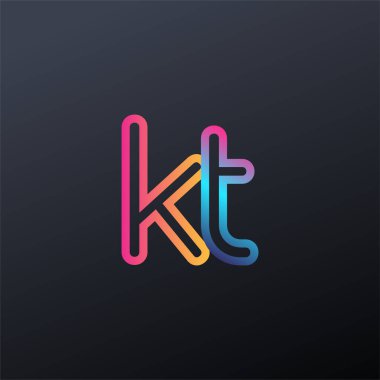 İlk logo KT küçük harf, renkli mavi, turuncu ve pembe, bağlı yuvarlak logo, modern ve basit logo tasarımı.