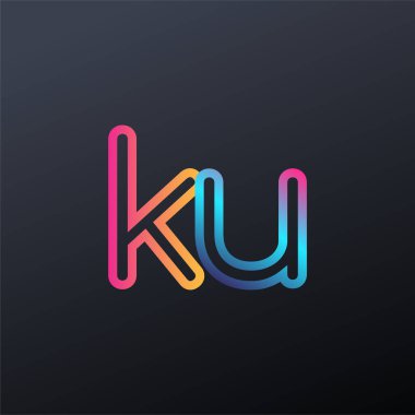 İlk logo KU küçük harf, renkli mavi, turuncu ve pembe, bağlı yuvarlak logo, modern ve basit logo tasarımı.