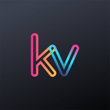 İlk logo KV küçük harf, renkli mavi, turuncu ve pembe, bağlı yuvarlak logo, modern ve basit logo tasarımı.