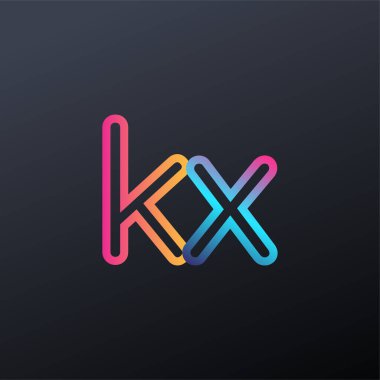 İlk logo KX küçük harf, renkli mavi, turuncu ve pembe, bağlı yuvarlak logo, modern ve basit logo tasarımı.