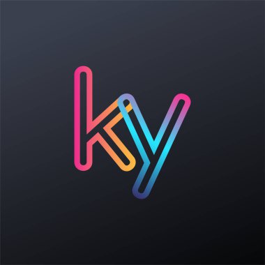 İlk logo KY küçük harf, renkli mavi, turuncu ve pembe, bağlı yuvarlak logo, modern ve basit logo tasarımı.