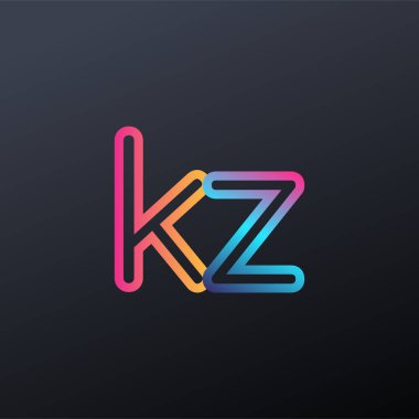 İlk logo KZ küçük harf, renkli mavi, turuncu ve pembe, bağlı yuvarlak logo, modern ve basit logo tasarımı.