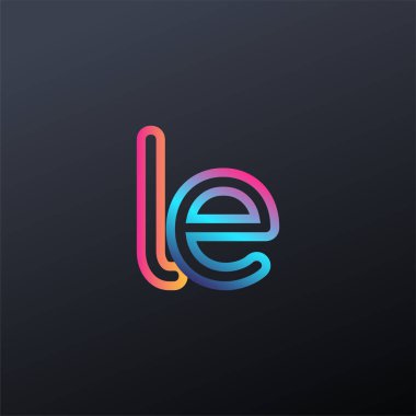 İlk logo LE küçük harf, renkli mavi, turuncu ve pembe, bağlı yuvarlak logo, modern ve basit logo tasarımı.