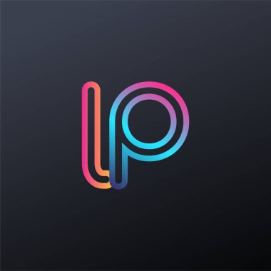 İlk logo LP küçük harf, renkli mavi, turuncu ve pembe, bağlı yuvarlak logo, modern ve basit logo tasarımı.