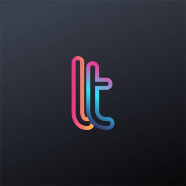 İlk logo LT küçük harf, renkli mavi, turuncu ve pembe, bağlı yuvarlak logo, modern ve basit logo tasarımı.