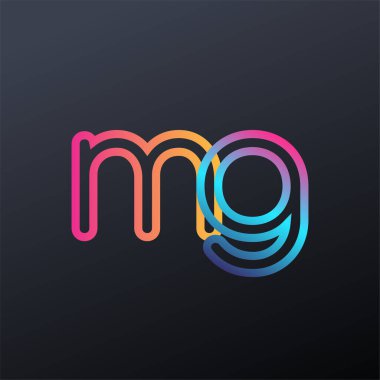İlk logo MG küçük harf, renkli mavi, turuncu ve pembe, birbirine bağlı yuvarlak logo, modern ve basit logo tasarımı.