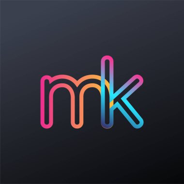 İlk logo MK küçük harf, renkli mavi, turuncu ve pembe, bağlı yuvarlak logo, modern ve basit logo tasarımı.