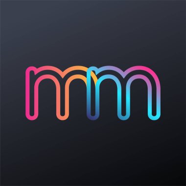 İlk logo MM küçük harf, renkli mavi, turuncu ve pembe, birbirine bağlı yuvarlak logo, modern ve basit logo tasarımı.