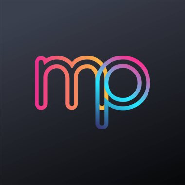 İlk logo MP küçük harf, renkli mavi, turuncu ve pembe, bağlı yuvarlak logo, modern ve basit logo tasarımı.
