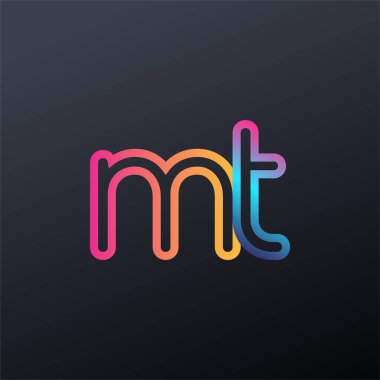 İlk logo MT küçük harf, renkli mavi, turuncu ve pembe, birbirine bağlı yuvarlak logo, modern ve basit logo tasarımı.