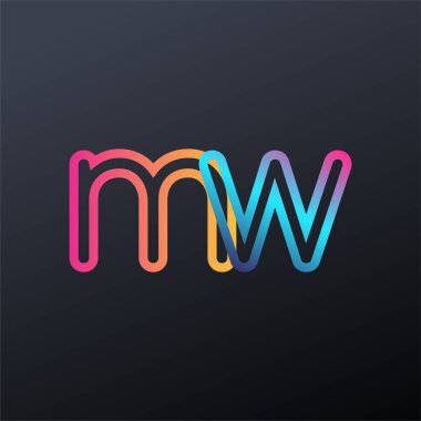 İlk logo MW küçük harf, renkli mavi, turuncu ve pembe, birbirine bağlı yuvarlak logo, modern ve basit logo tasarımı.