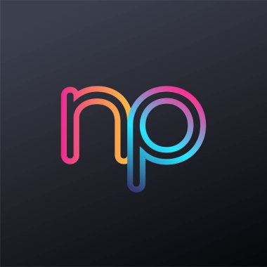 İlk logo NP küçük harf, renkli mavi, turuncu ve pembe, birbirine bağlı yuvarlak logo, modern ve basit logo tasarımı.