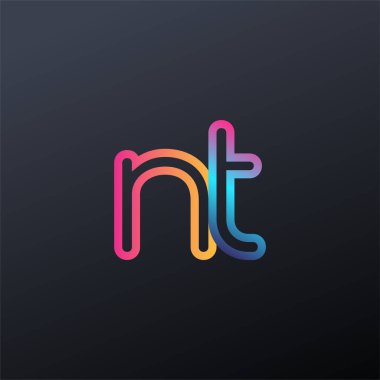 İlk logo NT küçük harf, renkli mavi, turuncu ve pembe, bağlı yuvarlak logo, modern ve basit logo tasarımı.