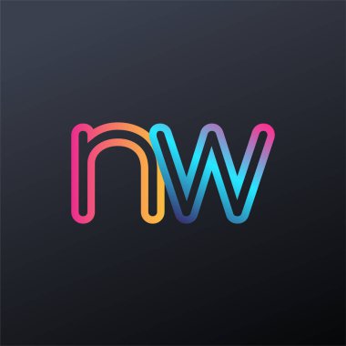 İlk logo NW küçük harf, renkli mavi, turuncu ve pembe, birbirine bağlı yuvarlak logo, modern ve basit logo tasarımı.