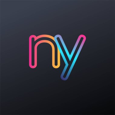 İlk logo NY küçük harf, renkli mavi, turuncu ve pembe, bağlı yuvarlak logo, modern ve basit logo tasarımı.