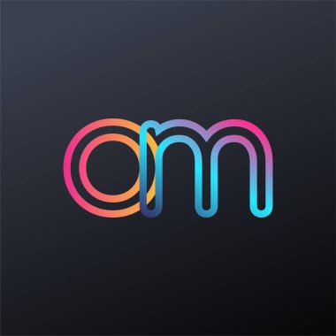 İlk logo OM küçük harf, renkli mavi, turuncu ve pembe, bağlı yuvarlak logo, modern ve basit logo tasarımı.
