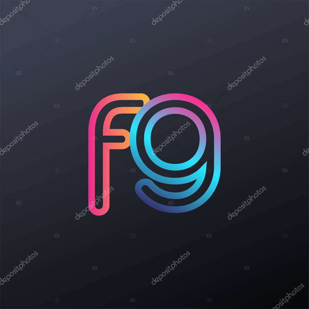 Initial logo FG lowercase letter, colorful blue, orange and pink, linked outline rounded logo, modern and simple logo design.