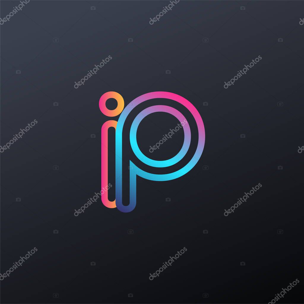 Initial logo IP lowercase letter, colorful blue, orange and pink, linked outline rounded logo, modern and simple logo design.