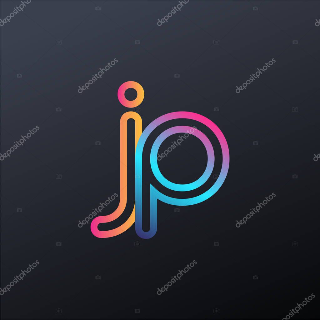 Initial logo JP lowercase letter, colorful blue, orange and pink, linked outline rounded logo, modern and simple logo design.