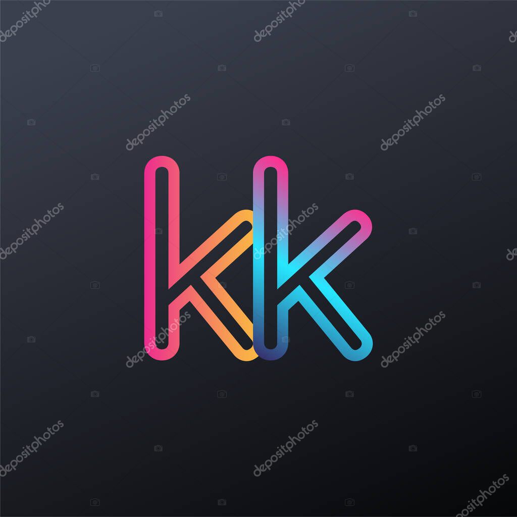 Initial logo KK lowercase letter, colorful blue, orange and pink, linked outline rounded logo, modern and simple logo design.