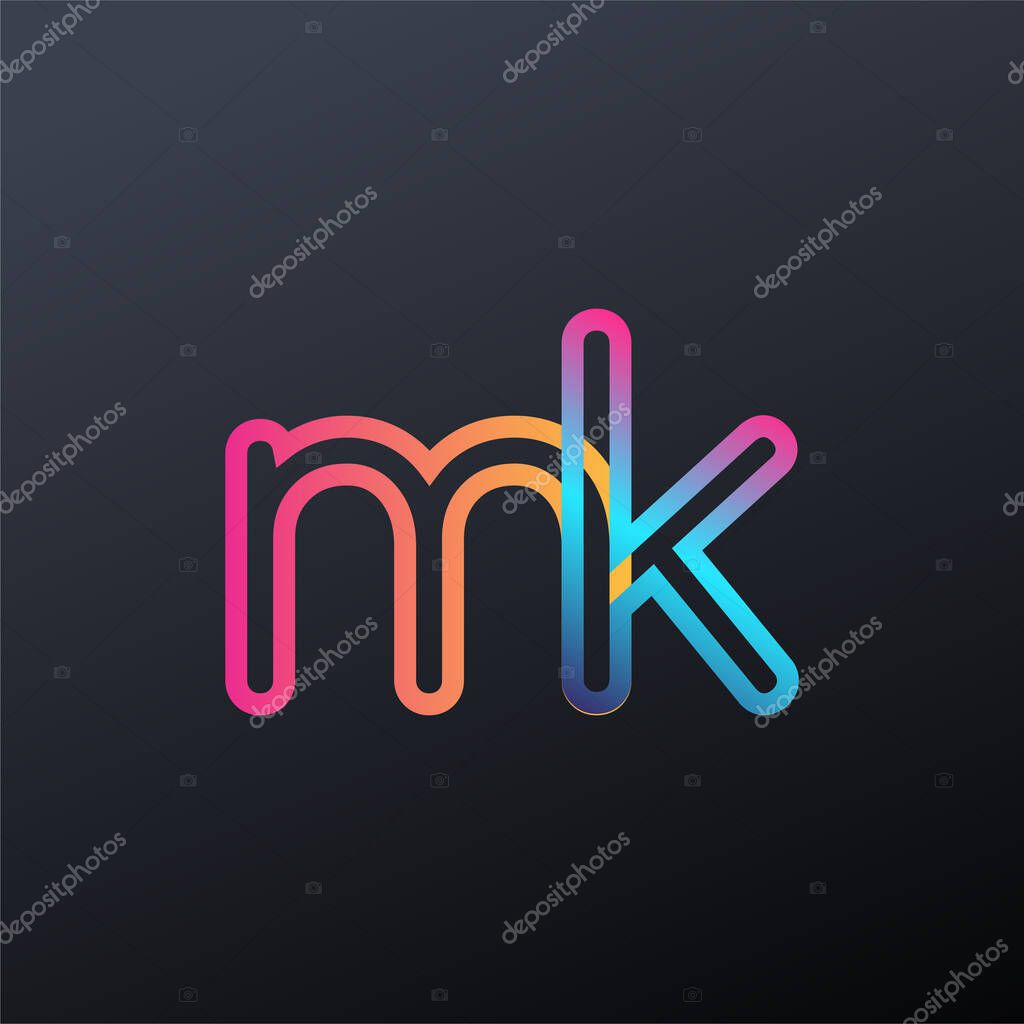 Initial logo MK lowercase letter, colorful blue, orange and pink, linked outline rounded logo, modern and simple logo design.