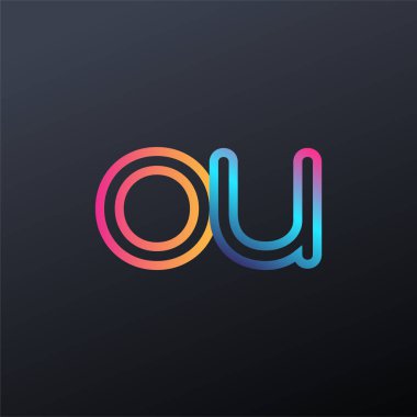 İlk logo OU küçük harf, renkli mavi, turuncu ve pembe, bağlı yuvarlak logo, modern ve basit logo tasarımı.