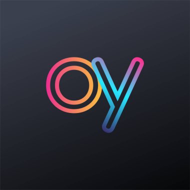 İlk logo OY küçük harf, renkli mavi, turuncu ve pembe, bağlı yuvarlak logo, modern ve basit logo tasarımı.