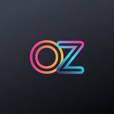 İlk logo OZ küçük harf, renkli mavi, turuncu ve pembe, birbirine bağlı yuvarlak logo, modern ve basit logo tasarımı.
