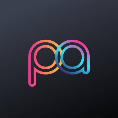 İlk logo PA küçük harf, renkli mavi, turuncu ve pembe, bağlı yuvarlak logo, modern ve basit logo tasarımı.