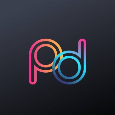 İlk logo PD küçük harf, renkli mavi, turuncu ve pembe, birbirine bağlı yuvarlak logo, modern ve basit logo tasarımı.