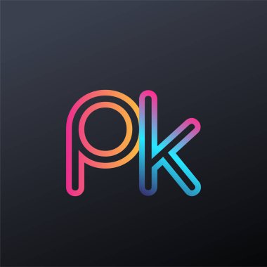 İlk logo PK küçük harf, renkli mavi, turuncu ve pembe, bağlı yuvarlak logo, modern ve basit logo tasarımı.