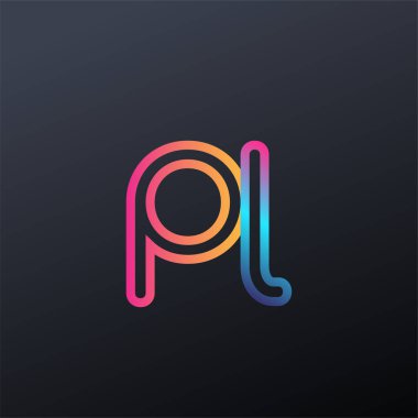 İlk logo PL küçük harf, renkli mavi, turuncu ve pembe, bağlı yuvarlak logo, modern ve basit logo tasarımı.